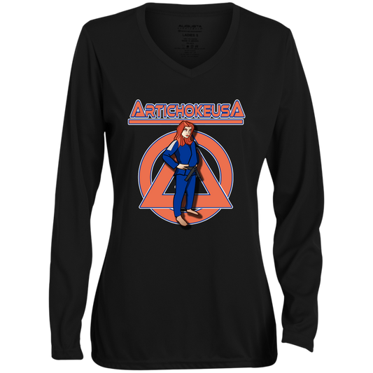ArtichokeUSA Character and Font design. Let's Create Your Own Team Design Today. Amber. Ladies' Moisture-Wicking Long Sleeve V-Neck Tee
