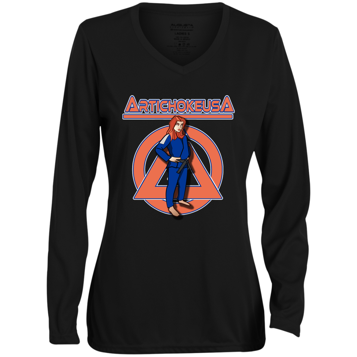 ArtichokeUSA Character and Font design. Let's Create Your Own Team Design Today. Amber. Ladies' Moisture-Wicking Long Sleeve V-Neck Tee