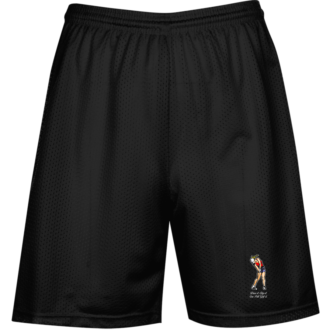 OPG Custom Design #9. Drive it. Chip it. One Putt Golf It. Golf So. Cal. Double layer 100% Polyester Mesh Performance Mesh Shorts