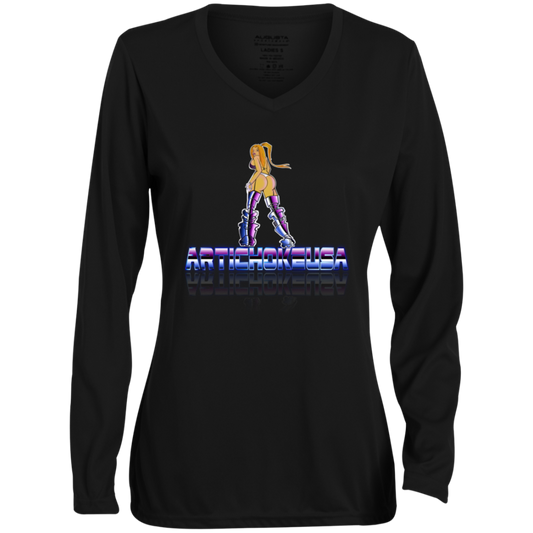 ArtichokeUSA Character and Font design. Let's Create Your Own Team Design Today. Dama de Croma. Ladies' Moisture-Wicking Long Sleeve V-Neck Tee