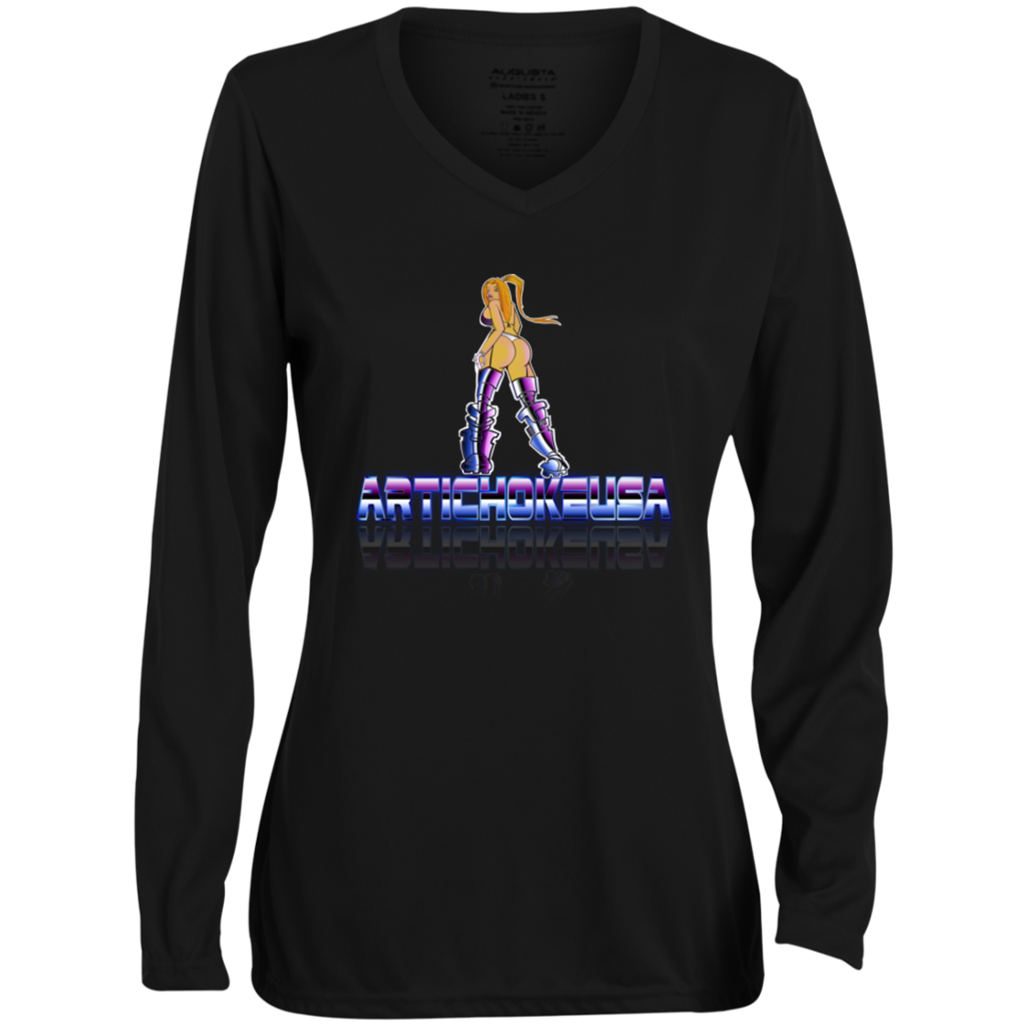 ArtichokeUSA Character and Font design. Let's Create Your Own Team Design Today. Dama de Croma. Ladies' Moisture-Wicking Long Sleeve V-Neck Tee