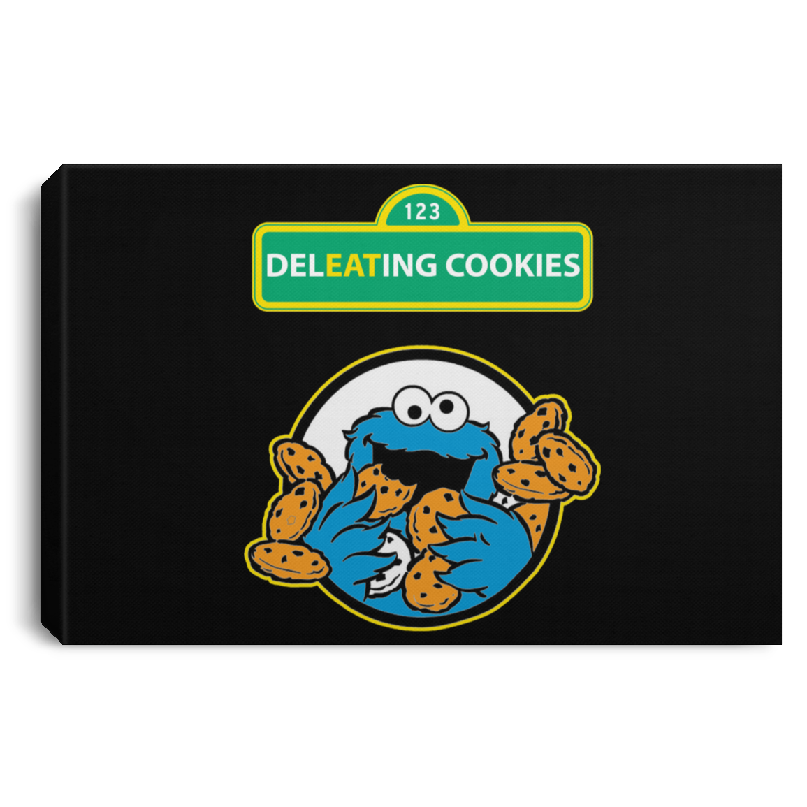 ArtichokeUSA Custom Design #58. DelEATing Cookes. IT humor. Cookie Monster Parody. Landscape Canvas .75in Frame