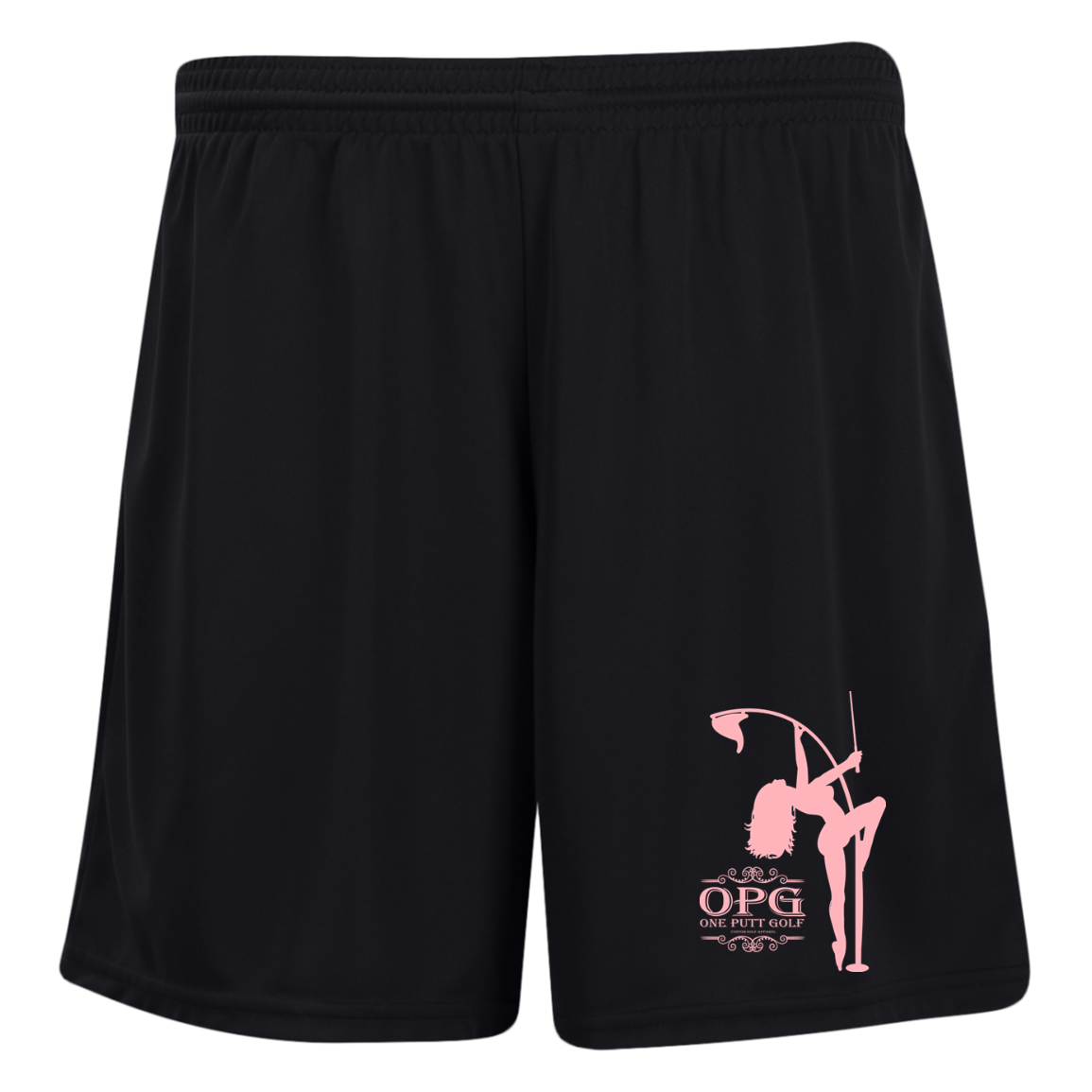 OPG Custom Design #10. Lady on Front / Flag Pole Dancer On Back. Ladies' Moisture-Wicking 7 inch Inseam Training Shorts