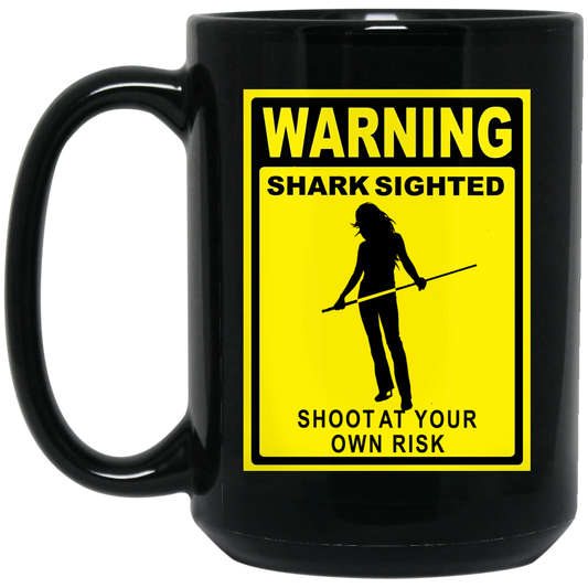 The GHOATS custom design #36. Shark Sighted. Female Pool Shark. Shoot At Your Own Risk. Pool / Billiards. 15 oz. Black Mug
