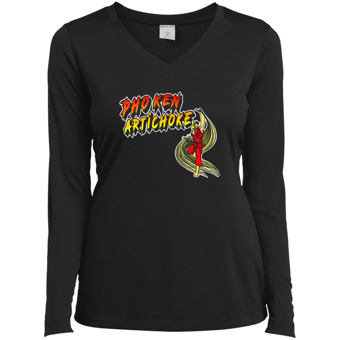 ArtichokeUSA Custom Design. Pho Ken Artichoke. Street Fighter Parody. Gaming. Ladies’ Long Sleeve Performance V-Neck Tee