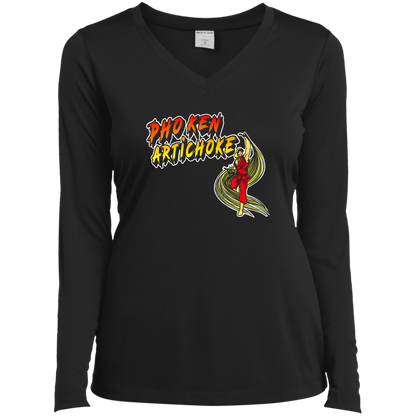 ArtichokeUSA Custom Design. Pho Ken Artichoke. Street Fighter Parody. Gaming. Ladies’ Long Sleeve Performance V-Neck Tee