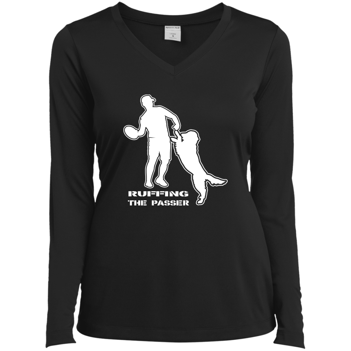 ArtichokeUSA Custom Design. Ruffing the Passer. Golden Lab Edition. Ladies’ Long Sleeve Performance V-Neck Tee