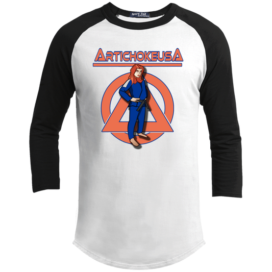 ArtichokeUSA Character and Font design. Let's Create Your Own Team Design Today. Amber. Youth 3/4 Raglan Sleeve Shirt