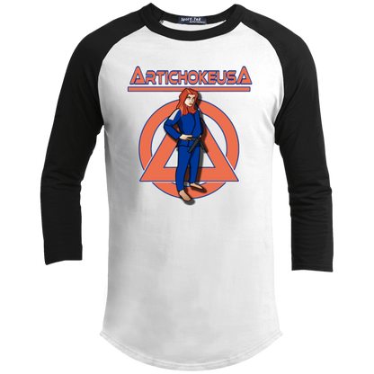 ArtichokeUSA Character and Font design. Let's Create Your Own Team Design Today. Amber. Youth 3/4 Raglan Sleeve Shirt