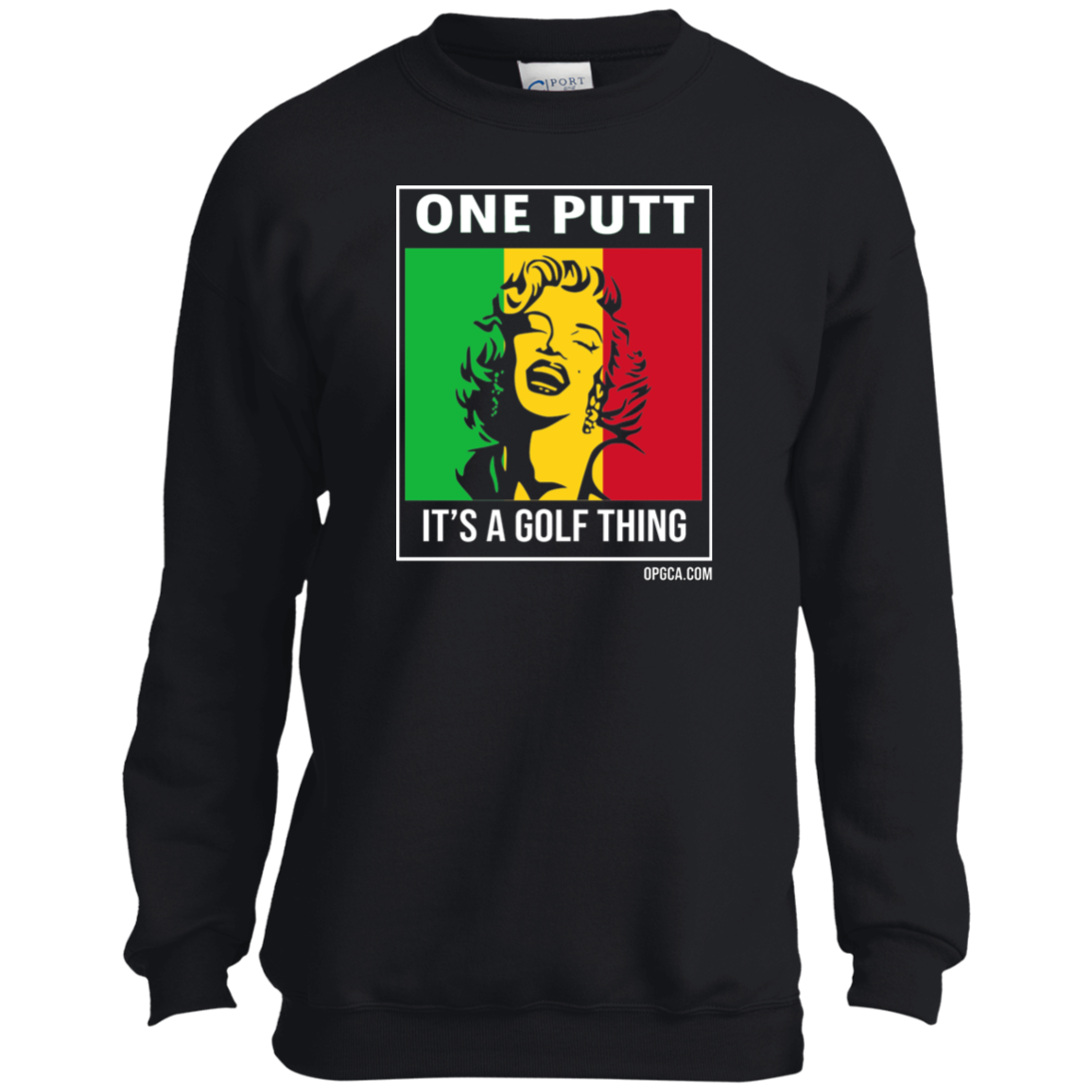 OPG Custom Design #22. One Putt / One Love Parody with Fan Art. Female Edition. Youth Crewneck Sweatshirt
