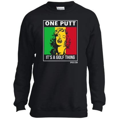 OPG Custom Design #22. One Putt / One Love Parody with Fan Art. Female Edition. Youth Crewneck Sweatshirt