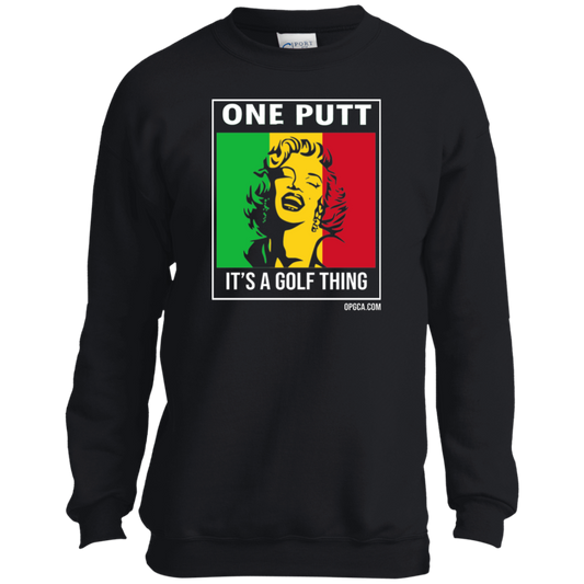 OPG Custom Design #22. One Putt / One Love Parody with Fan Art. Female Edition. Youth Crewneck Sweatshirt