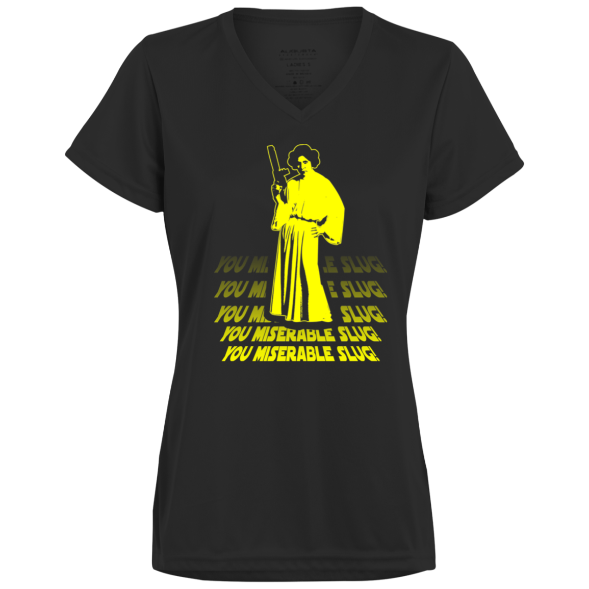 ArtichokeUSA Custom Design. You Miserable Slug. Carrie Fisher Tribute. Star Wars / Blues Brothers Fan Art. Ladies’ Moisture-Wicking V-Neck Tee