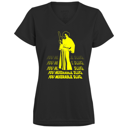 ArtichokeUSA Custom Design. You Miserable Slug. Carrie Fisher Tribute. Star Wars / Blues Brothers Fan Art. Ladies’ Moisture-Wicking V-Neck Tee