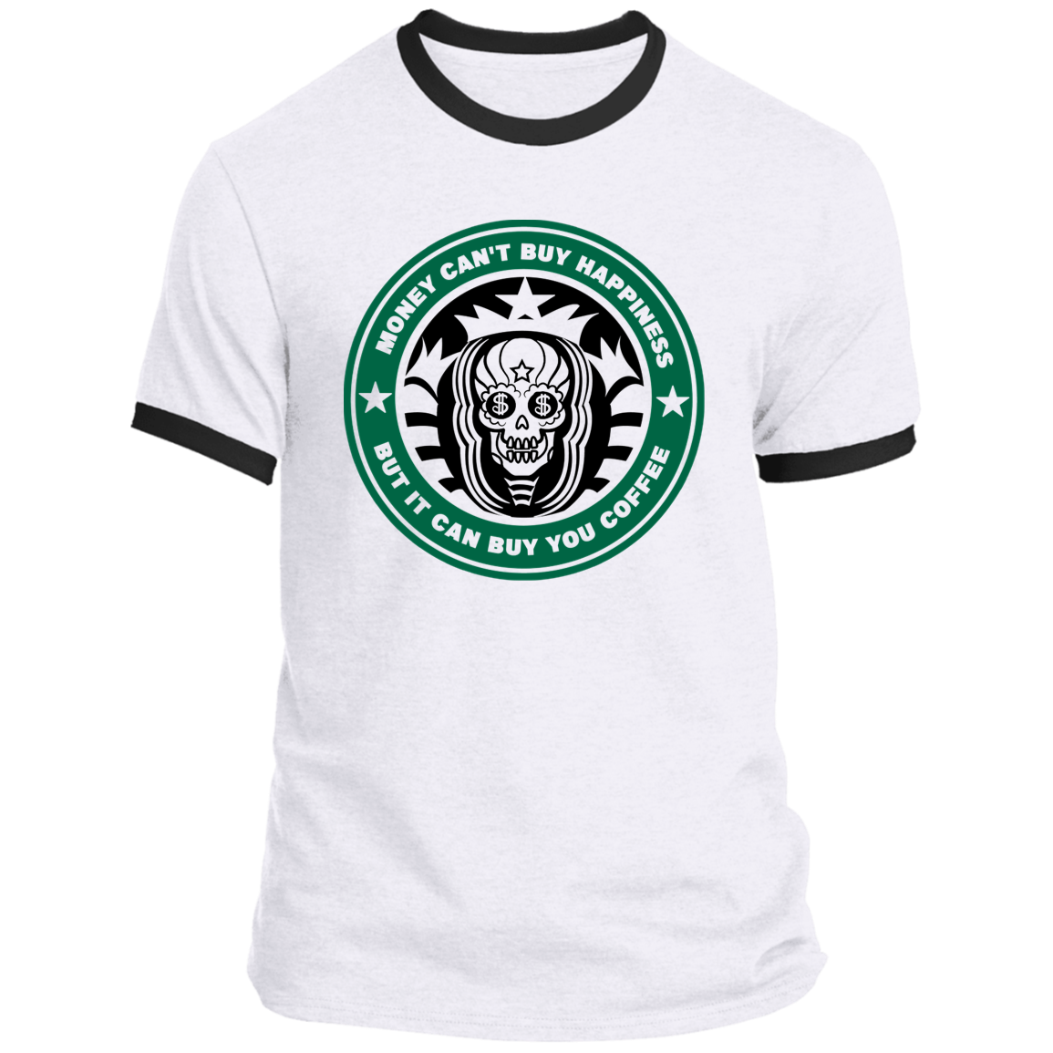 ArtichokeUSA Custom Design. Money Can't Buy Happiness But It Can Buy You Coffee. Ringer Tee