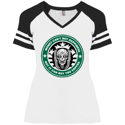 ArtichokeUSA Custom Design. Money Can't Buy Happiness But It Can Buy You Coffee. Ladies' Game V-Neck T-Shirt