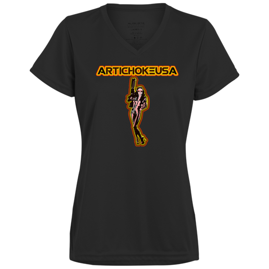 ArtichokeUSA Character and Font design. Let's Create Your Own Team Design Today. Mary Boom Boom. Ladies’ Moisture-Wicking V-Neck Tee
