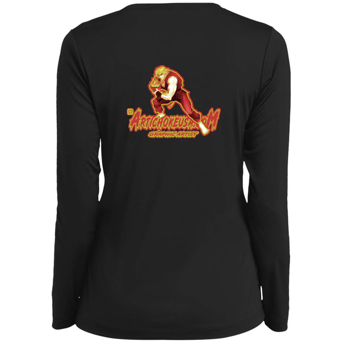 ArtichokeUSA Custom Design. Pho Ken Artichoke. Street Fighter Parody. Gaming. Ladies’ Long Sleeve Performance V-Neck Tee