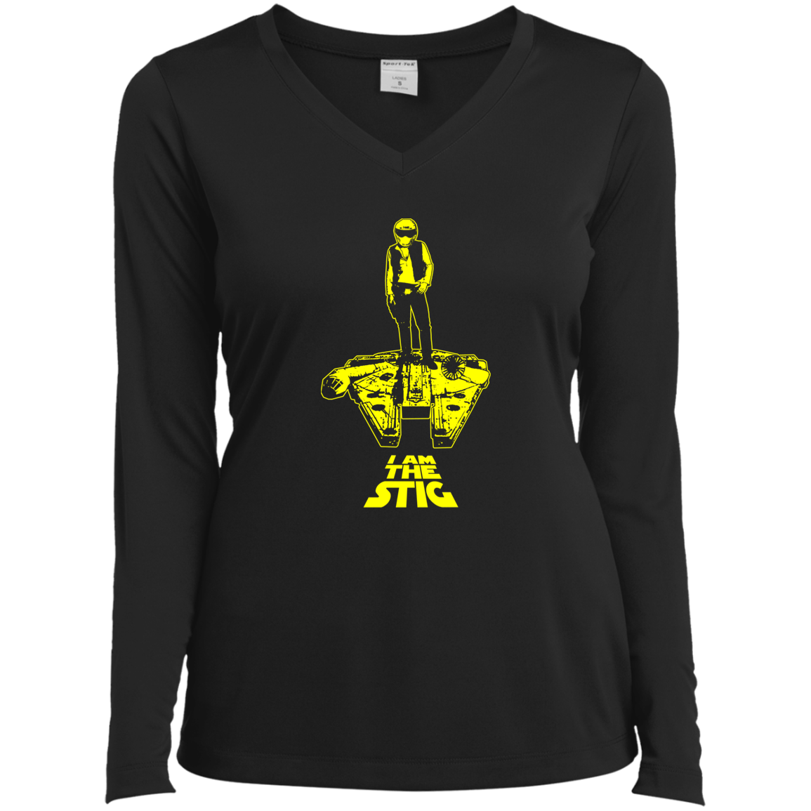 ArtichokeUSA Custom Design. I am the Stig. Han Solo / The Stig Fan Art. Ladies’ Long Sleeve Performance V-Neck Tee