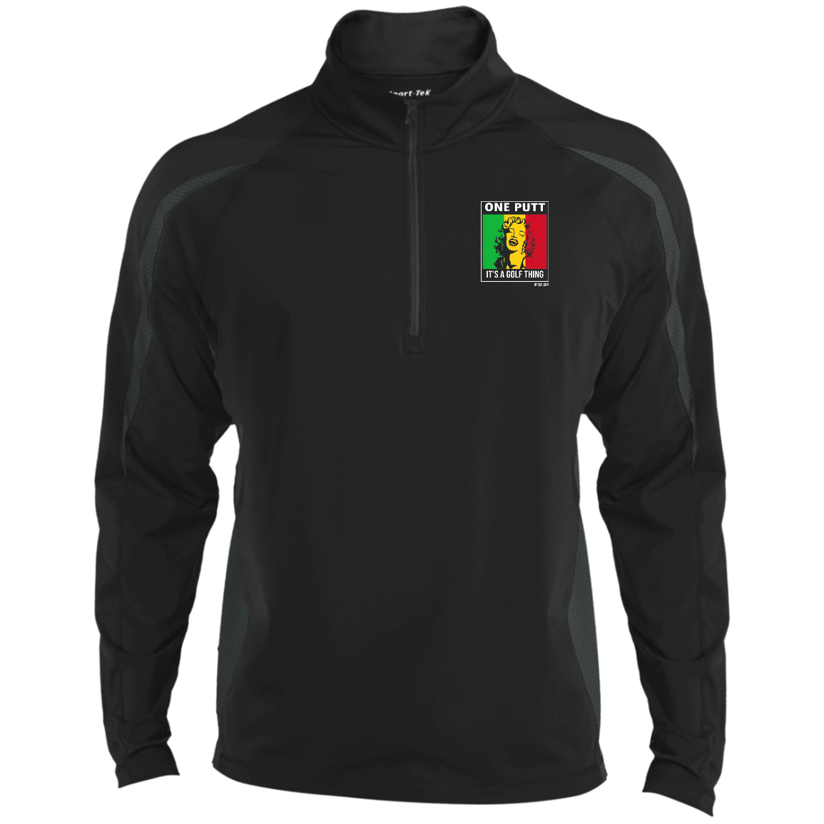 OPG Custom Design #22. One Putt / One Love Parody with Fan Art. Female Edition. Men's Sport Wicking Colorblock 1/2 Zip