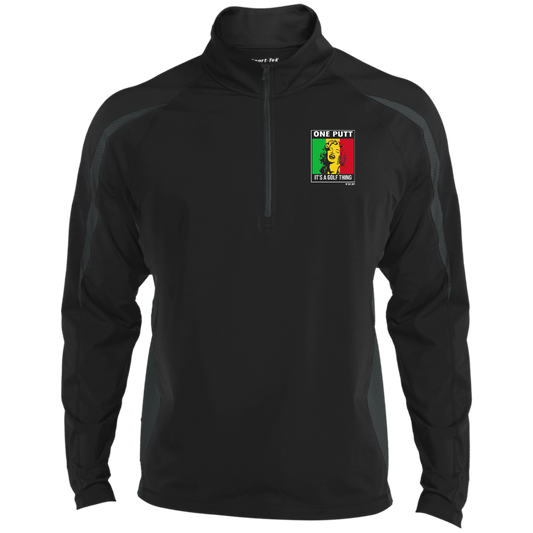 OPG Custom Design #22. One Putt / One Love Parody with Fan Art. Female Edition. Men's Sport Wicking Colorblock 1/2 Zip