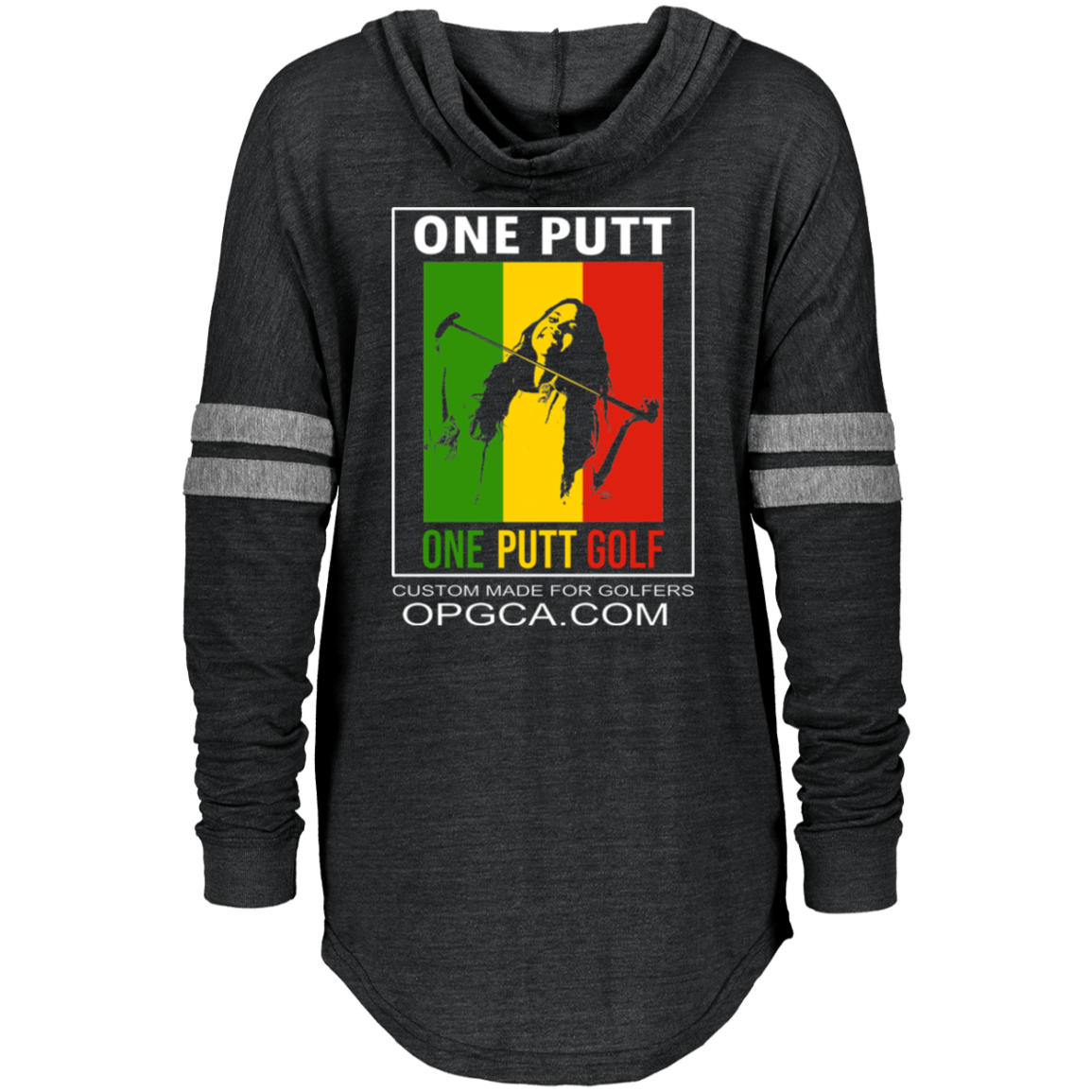 OPG Custom Design #22. One Putt. Bob Marley One Love Parody. Ladies Hooded Low Key Pullover