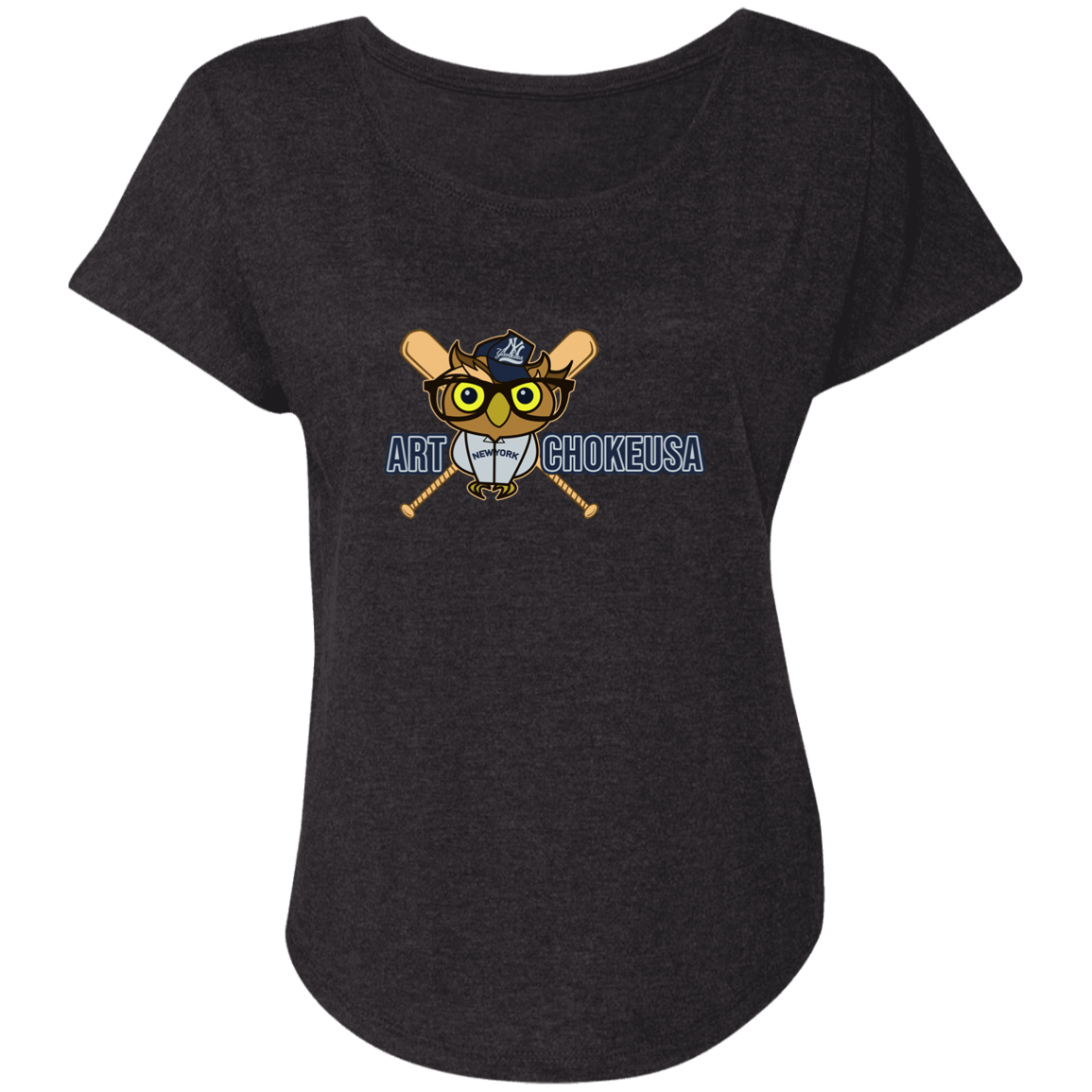 ArtichokeUSA Character and Font design. New York Owl. NY Yankees Fan Art. Let's Create Your Own Team Design Today. Ladies' Triblend Dolman Sleeve