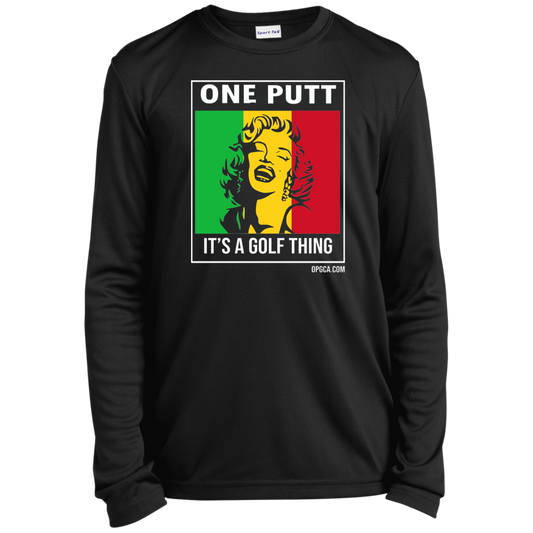 OPG Custom Design #22. One Putt / One Love Parody with Fan Art. Female Edition. Youth 100% Polyester Long Sleeve Tee