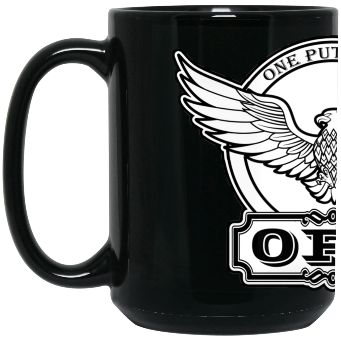 OPG Custom Design #00. OPG - One Putt Golf.  Front and Back Design. 15 oz. Black Mug