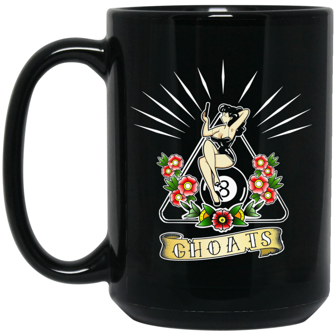 The GHOATS Custom Design. #23 Pin Up Girl. 15 oz. Black Mug