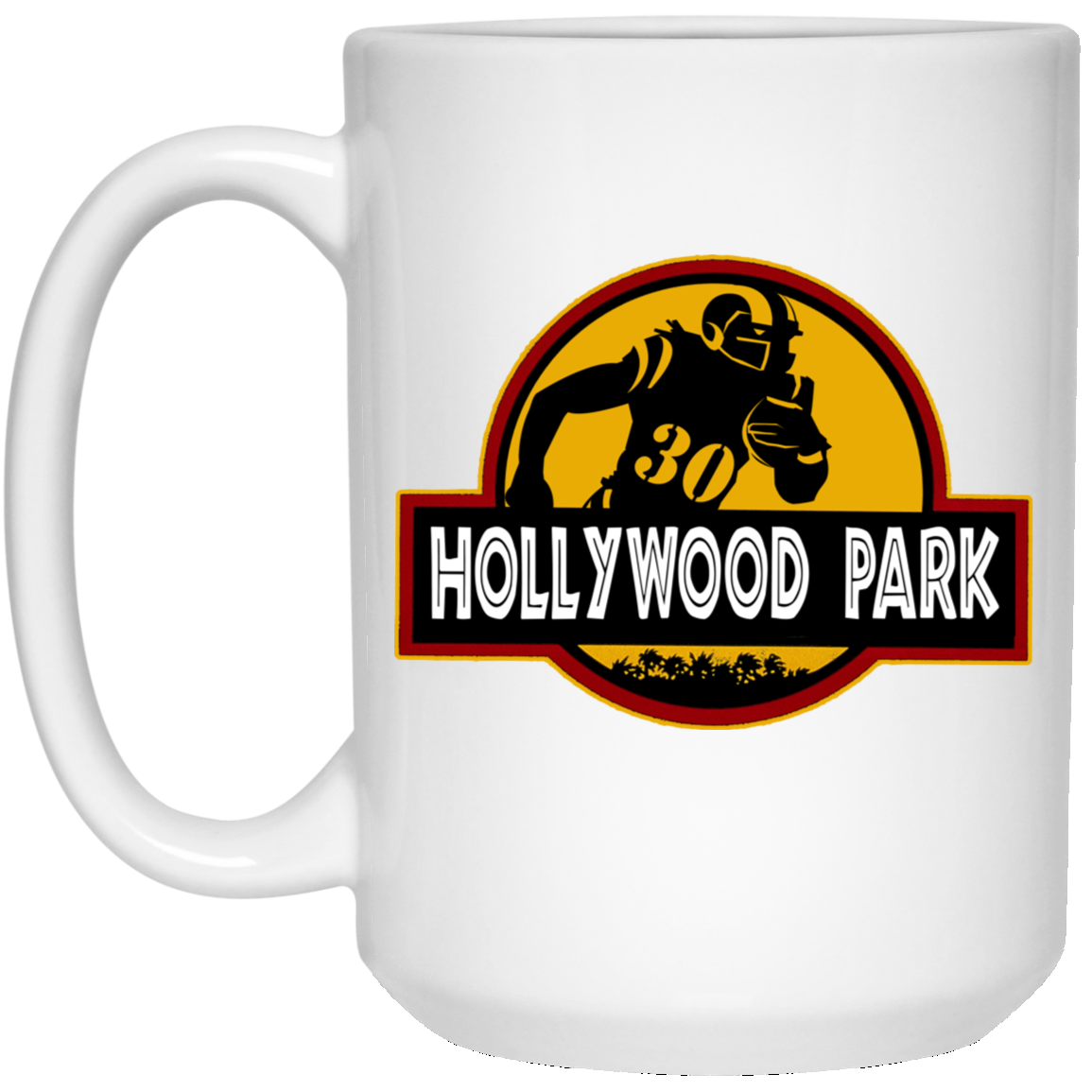 ArtichokeUSA Custom Design. LA Ram's Todd Gurley Jurassic Park Fan Art / Parody. 15 oz. White Mug