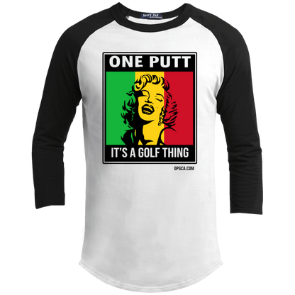 OPG Custom Design #22. One Putt / One Love Parody with Fan Art. Female Edition. Youth 3/4 Raglan Sleeve Shirt