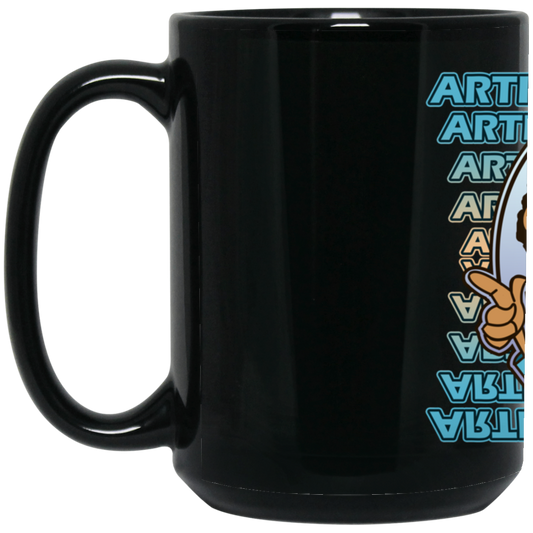 ArtichokeUSA Character and Font design. Let's Create Your Own Team Design Today. My first client Charles. 15 oz. Black Mug