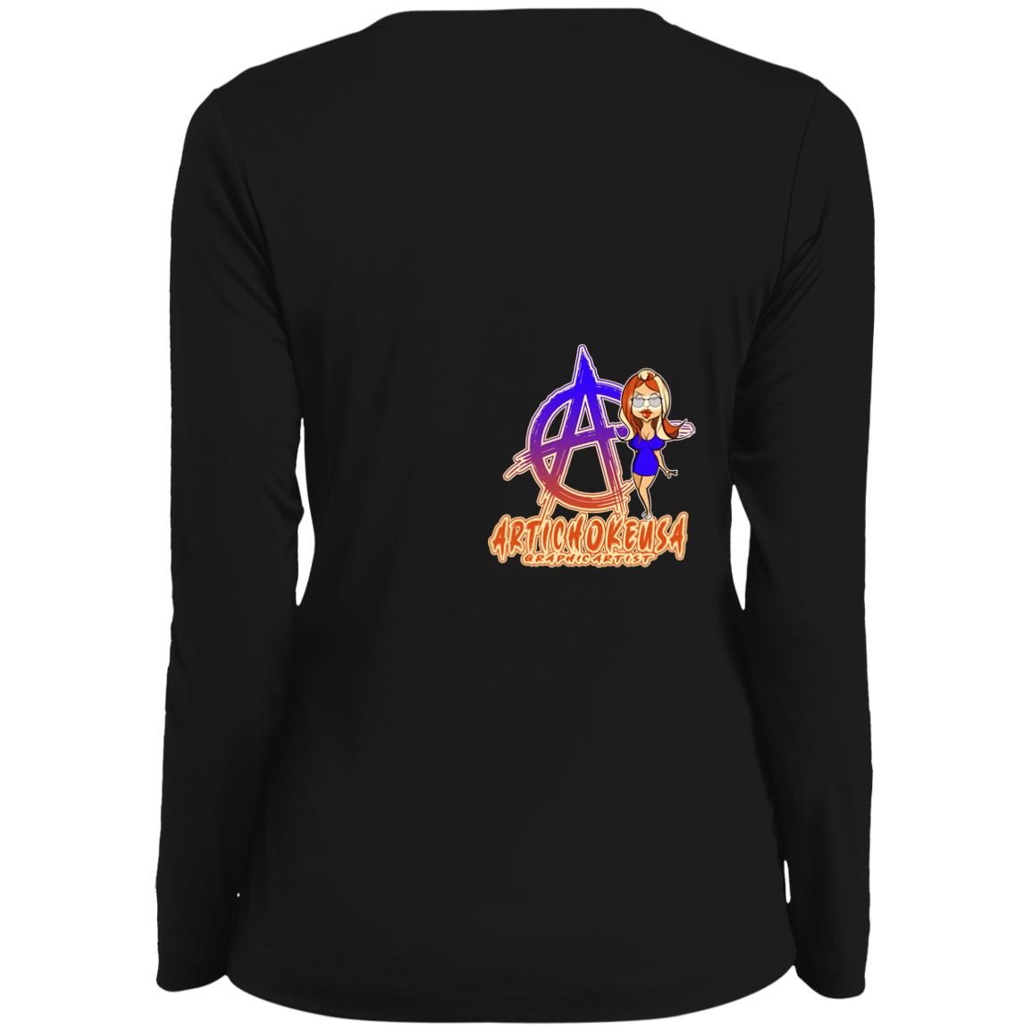 ArtichokeUSA Character and Font Design. Let’s Create Your Own Design Today. Blue Girl. Ladies' Moisture-Wicking Long Sleeve V-Neck Tee