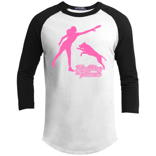ArtichokeUSA Custom Design. Ruffing the Passer. Pitbull Edition. Female Version. Youth 3/4 Raglan Sleeve Shirt
