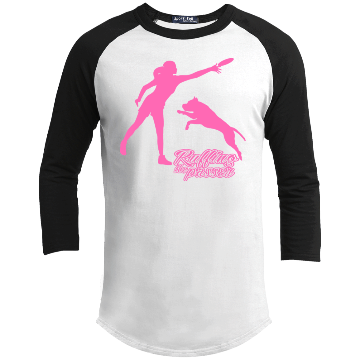 ArtichokeUSA Custom Design. Ruffing the Passer. Pitbull Edition. Female Version. Youth 3/4 Raglan Sleeve Shirt