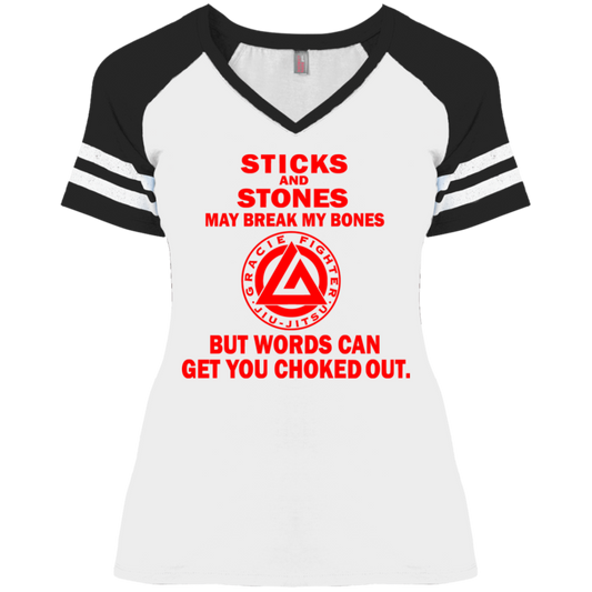 Artichoke Fight Gear Custom Design #19. Sticks and Stones. Ladies' Game V-Neck T-Shirt