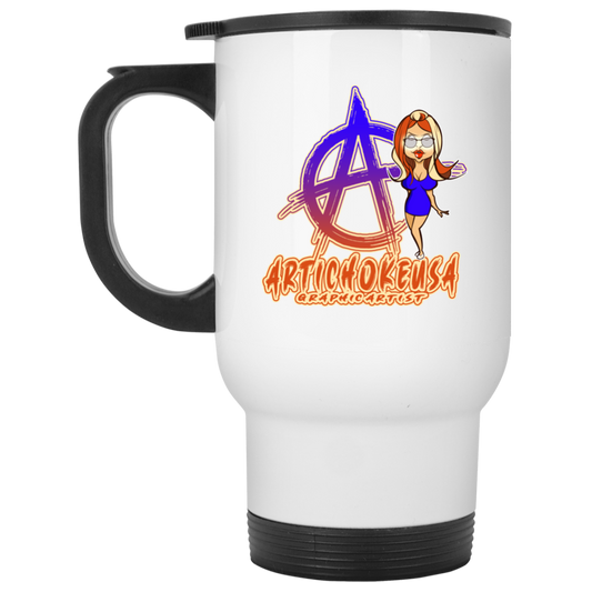 ArtichokeUSA Character and Font Design #2. Friends, Clients, and People of Earth. 14 OZ White Travel Mug