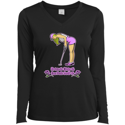 OPG Custom Design #13. Drive it. Chip it. One Putt Golf it. Ladies’ Long Sleeve Performance V-Neck Tee