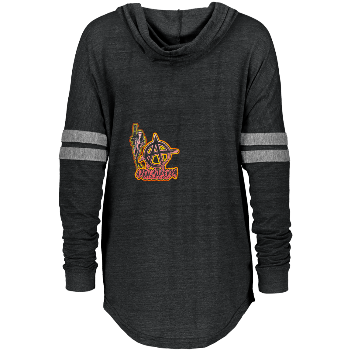 ArtichokeUSA Character and Font design. Let's Create Your Own Team Design Today. Mary Boom Boom. Ladies' Hooded Low Key Pullover