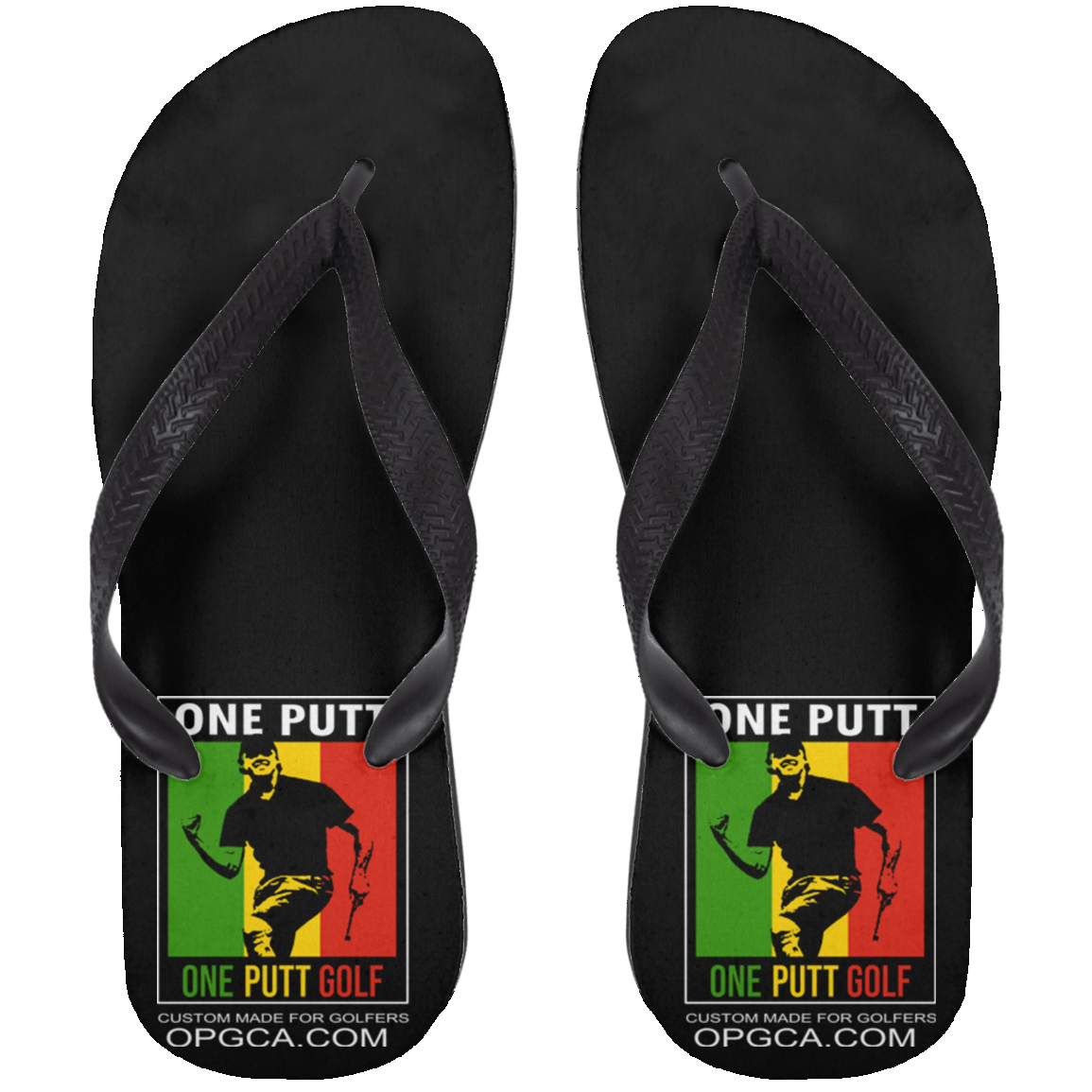 OPG Custom Design #22. One Putt. Bob Marley One Love Parody. Men's Edition. Adult Flip Flops