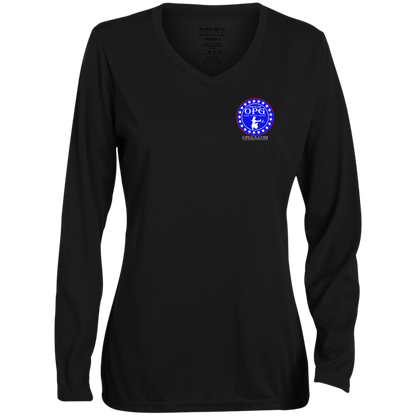 OPG Custom Design #18. Weapons of Grass Destruction. Ladies' Moisture-Wicking Long Sleeve V-Neck Tee
