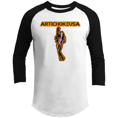 ArtichokeUSA Character and Font design. Let's Create Your Own Team Design Today. Mary Boom Boom. Men's 3/4 Raglan Sleeve Shirt