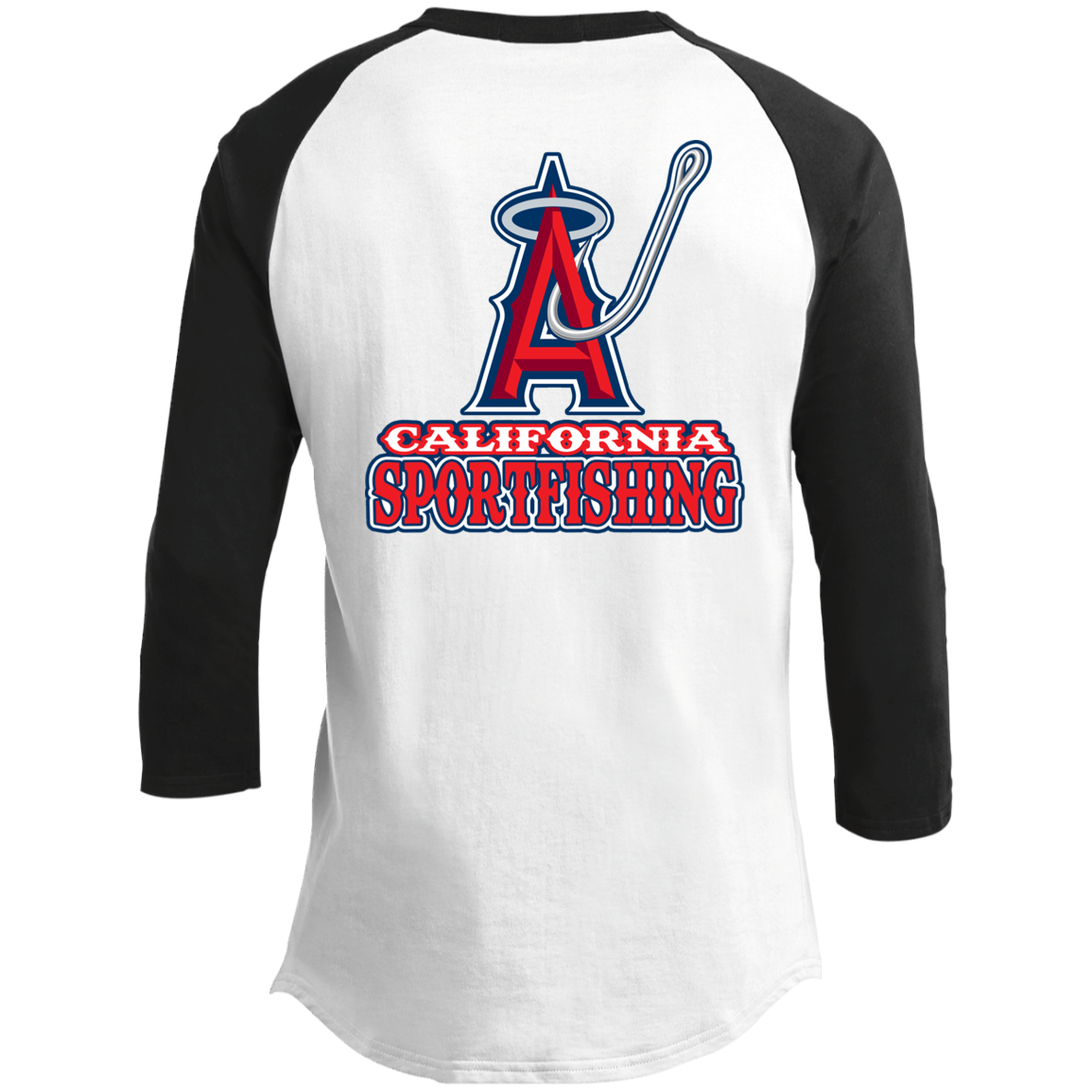 ArtichokeUSA Custom Design. Anglers. Southern California Sports Fishing. Los Angeles Angels Parody. Men's 3/4 Raglan Sleeve Shirt