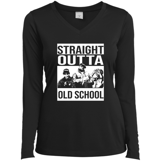 ArtichokeUSA Custom Design. Straight Outta Old School. The GOATs of Rap. Ladies’ Long Sleeve Performance V-Neck Tee