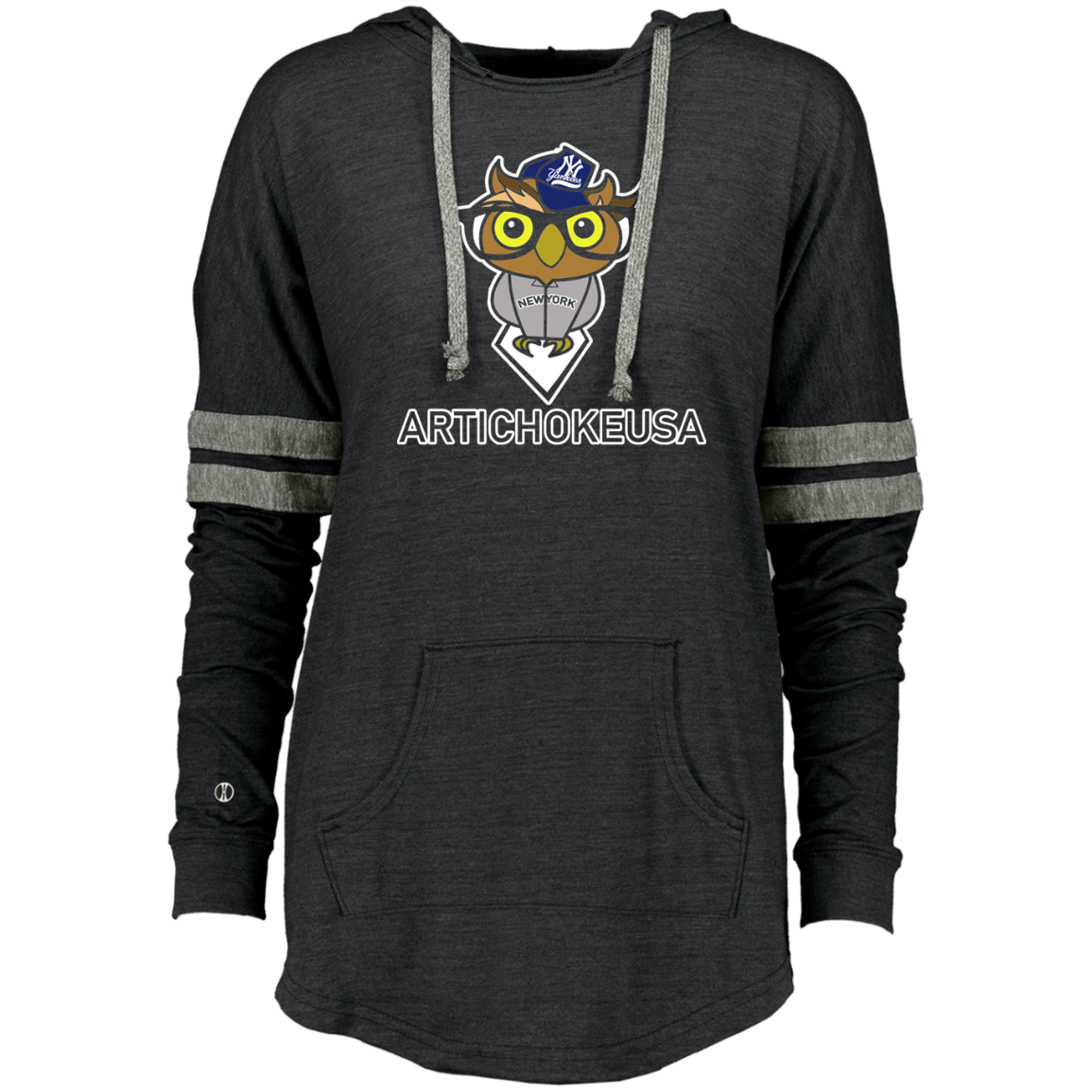 ArtichokeUSA Character and Font design. New York Owl. NY Yankees Fan Art. Let's Create Your Own Team Design Today. Ladies Hooded Pullover