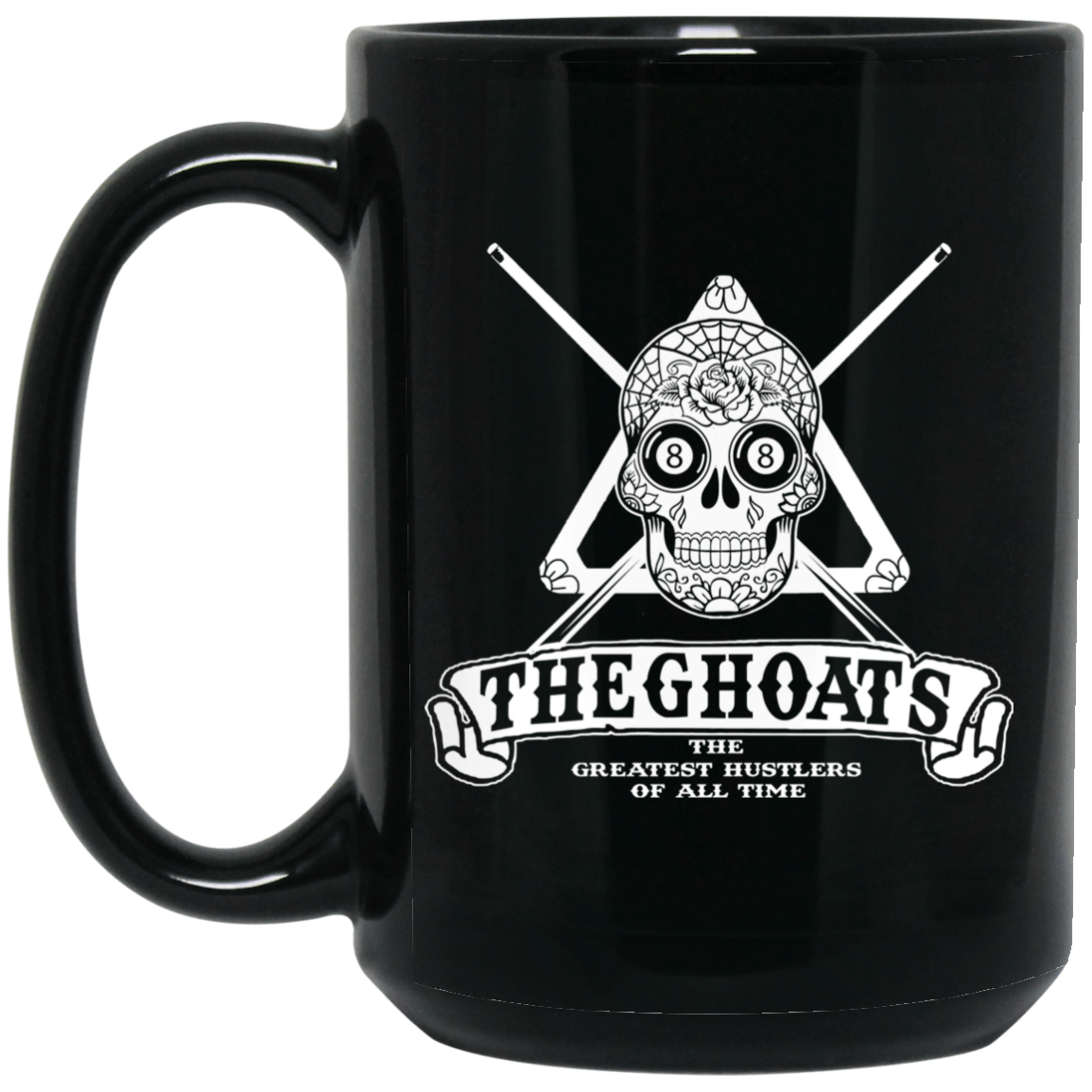 The GHOATS Custom Design #37. Sugar Skull Pool Theme. 15 oz. Black Mug