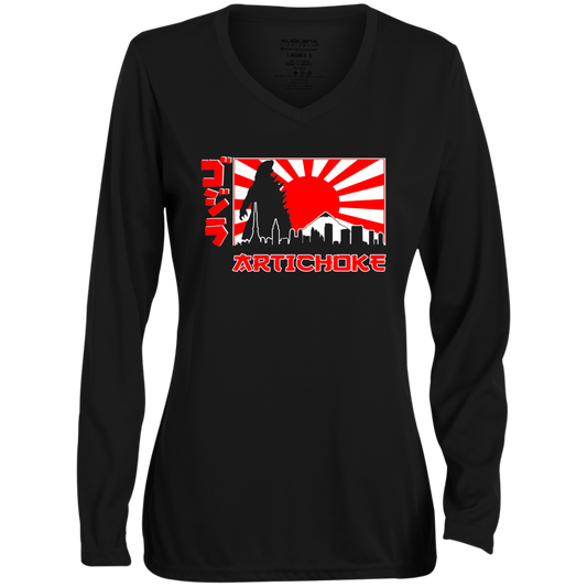 ArtichokeUSA Custom Design.  Fan Art Godzilla/Mecha Godzilla. Ladies' Moisture-Wicking Long Sleeve V-Neck Tee