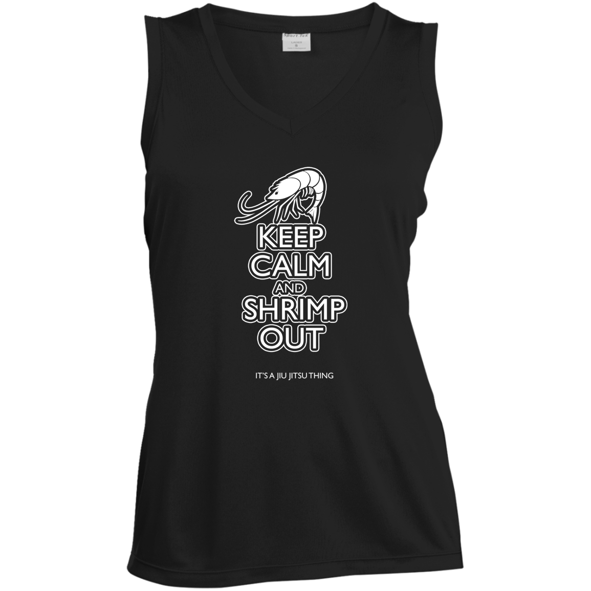 Artichoke Fight Gear Custom Design #12. Keep Calm and Shrimp Out. Ladies' Sleeveless V-Neck Performance Tee