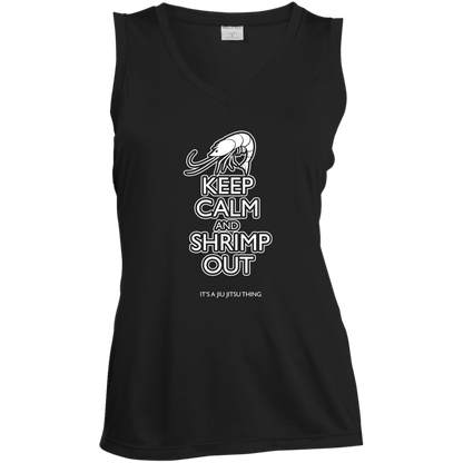 Artichoke Fight Gear Custom Design #12. Keep Calm and Shrimp Out. Ladies' Sleeveless V-Neck Performance Tee